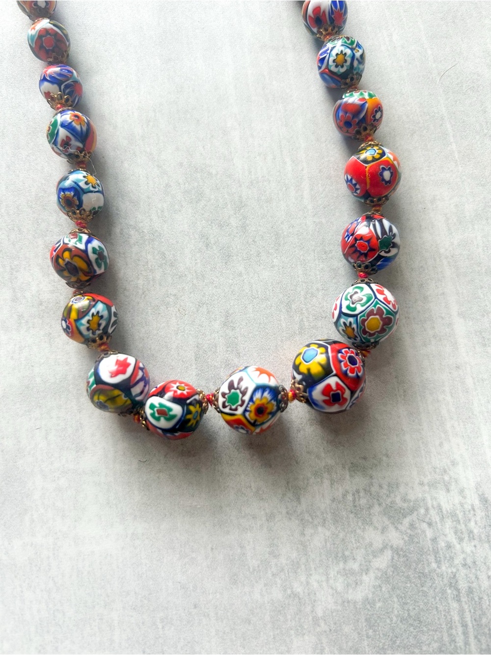 Vintage Italian Murano Millefiori Glass Beaded Necklace Brass Accents 28.5 Inch